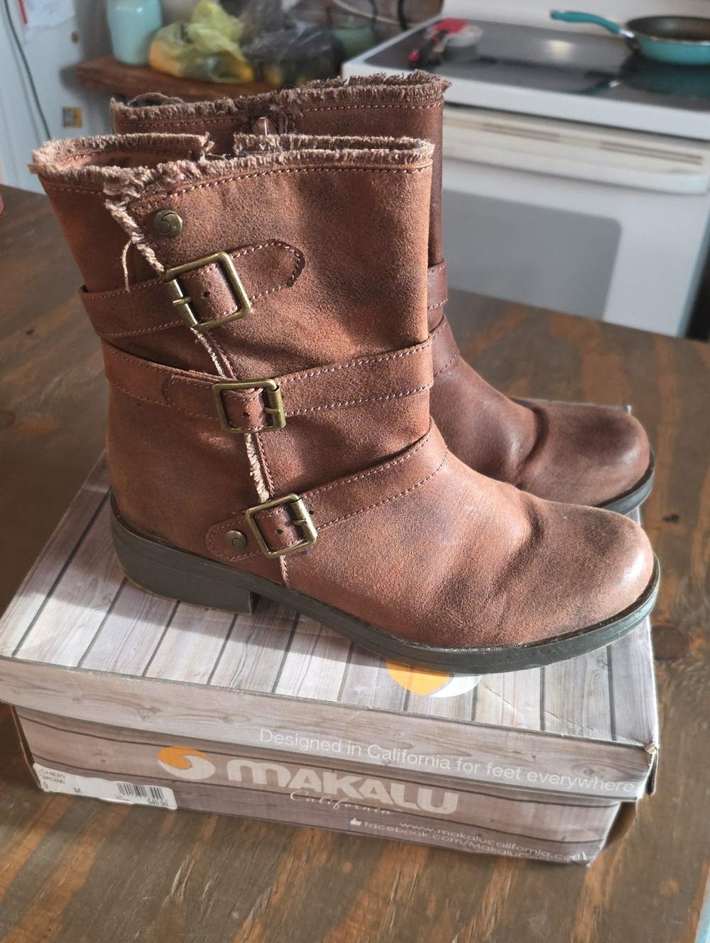 Women’s Brown Faux-Leather Buckle Ankle Boots